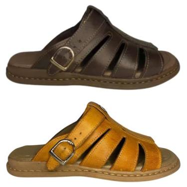 Imagem de Kit 2 Sandálias Masculina Franciscana Couro Legítimo Mostarda e Café -