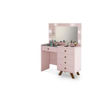 Imagem de Penteadeira Camarim Luna 5 gavetas led espelho pés de madeira Rose - L