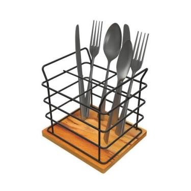 Imagem de Porta Talheres Decorativo de Aço e Madeira Teca - Stolf
