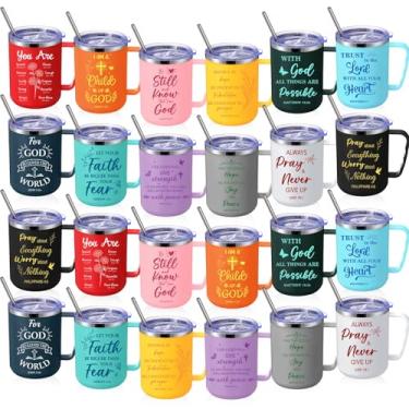 Imagem de Sieral 24 peças canecas de café cristãs a granel, presentes inspiradores de versículo religioso da Bíblia cristã, 482 g, isolamento da Bíblia, caneca de viagem com tampa e canudo para homens,