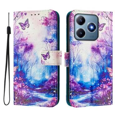 Imagem de Capa carteira para Realme C61 4G, 3 compartimentos para cartão, 1 compartimento para dinheiro, capa flip de couro PU com padrão fofo, capa com fivela magnética à prova de choque, compatível com sem