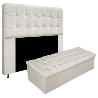 Imagem de Kit Cabeceira Estofada Mel Cama Box Queen 160 cm mais Calçadeira Baú Mel com Capitonê Suede Bege para Quarto - AM Decor
