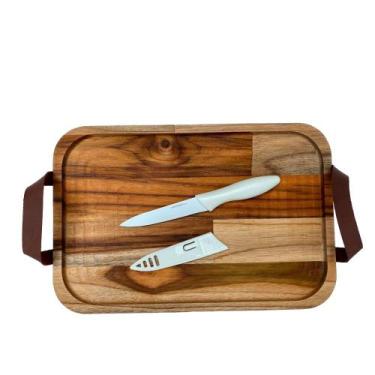 Imagem de Bandeja madeira feita a mão com alças em couro e faca Branca - Utensil