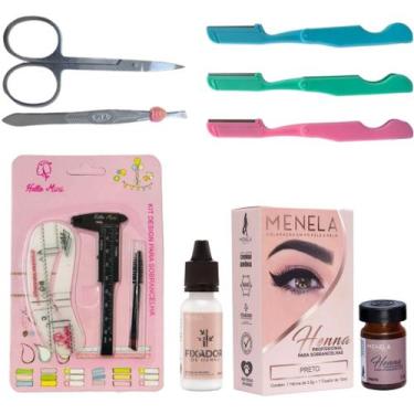 Imagem de kit henna menela sobrancelha designer profissional pincel duplo navalh
