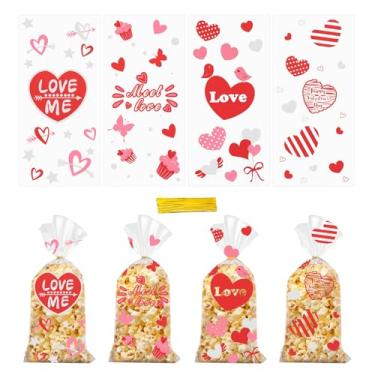 Imagem de Jocomoni 120 peças de sacos de guloseimas de celofane para o dia dos namorados, plástico transparente com laços torcidos para dia dos namorados, casamento, festa de aniversário (4 estilos)