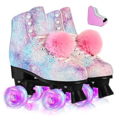 Imagem de LEVYTEMP Patins para mulheres, homens, rodas iluminadas, patins de duas fileiras de couro PU de cano alto, designs clássicos, sapatos de skate com glitter para meninas iniciantes com uma bolsa de