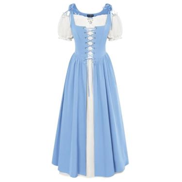 Imagem de SCARLET DARKNESS Fantasia renascentista feminina camponesa medieval vestido maxi de manga curta com bolsos, Azul claro, GG