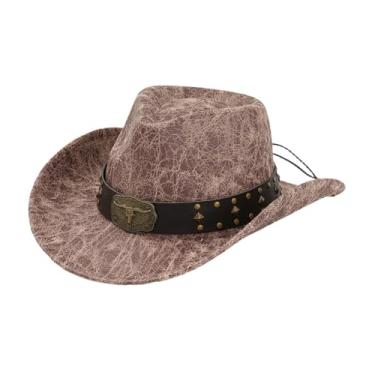 Imagem de Vaveren Chapéu de cowboy ocidental, chapéu de couro pu, aba larga para caminhadas, compras, adereços de fantasia, Cáqui