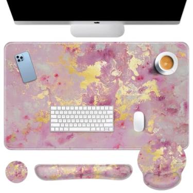 Imagem de Britown Tapete de mesa abstrato, conjunto de mouse pad de mármore rosa ouro rosa 4 em 1 grande mousepad + apoio de pulso para teclado + descanso de pulso para mouse + porta-copos com design