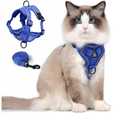 Imagem de Skmeditec Conjunto de arnês e coleira para gatos: colete à prova de fuga atualizado com guia para cães grandes e pequenos passeios, jaqueta macia com tiras refletoras, tamanho G, azul