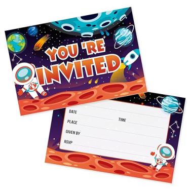 Imagem de Halodete Cartões de convite de festa do espaço sideral, suprimentos de cartões de convite de festa de aniversário infantil, cartão de convites de preenchimento, decorações de festa de chá de bebê em