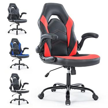 Imagem de Cadeira de escritório ergonômica para jogos, cadeira de mesa acolchoada para computador com encosto alto com apoios de braço flip-up, cadeira executiva de couro PU, cadeira giratória com rodinhas para