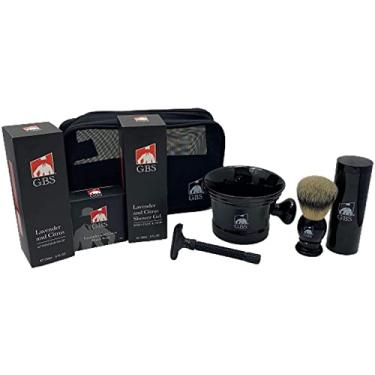 Imagem de G.B.S Conjunto de barbear preto Deluxe, abertura borboleta, tigela ajustável, sabonete, gel de banho e bálsamo pós-barba