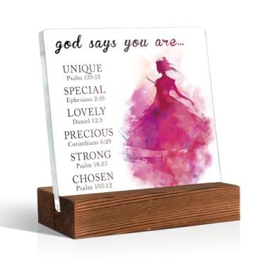 Imagem de Pishovi God Says You Are Placa acrílica feminina em aquarela com suporte de madeira, placa engraçada para decoração de mesa de escritório em casa, versículo bíblico, afirmações de aniversário,