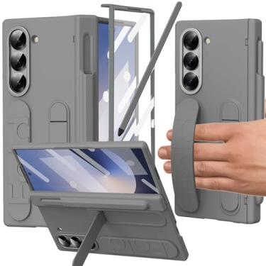 Imagem de YQODSZ Capa para Samsung Galaxy Z Fold 6 com Alça de Dedo, Suporte para Caneta S e Caneta, Proteção Total, Protetor de Tela, Proteção de Dobradiça, Cinza, Mate, PC + Silicone + Vidro Temperado