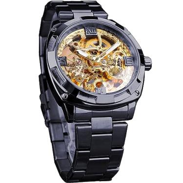 Imagem de FORSINING Relógio masculino esqueleto de luxo, relógio de pulso masculino mecânico automático de 41 mm com mostrador grande de 41 mm, Preto, dourado, Clássico