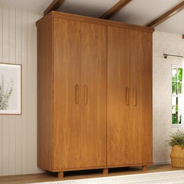 Imagem de Guarda Roupa Solteiro 4 Portas em Madeira Maciça com Pés Ibiza Móveis Nathalia - Mogno Mel