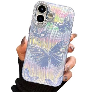 Imagem de I-MGAE-IN-AR Capa compacta para iPhone 16 Plus com design de borboleta, moldura de proteção de lente de câmera de diamante 3D, capa protetora de TPU macia e macia à prova de choque para mulheres