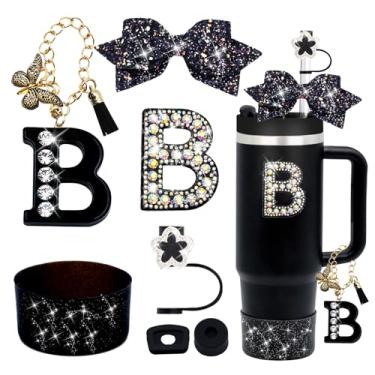 Imagem de Conjunto de acessórios para copo Stanley preto de 7 peças para copo Stanley 850 g 1,134 g, incluindo topo de palha de diamante, pingente de letra, laço brilhante, adesivo de iniciais, tampa à prova de