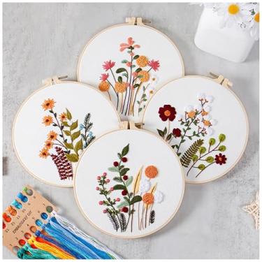 Imagem de Huacan Kits de bordado para adultos, padrão de flores estampadas para iniciantes, 4 peças, kit de costura de flores de ponto cruz DIY 19 x 19 cm
