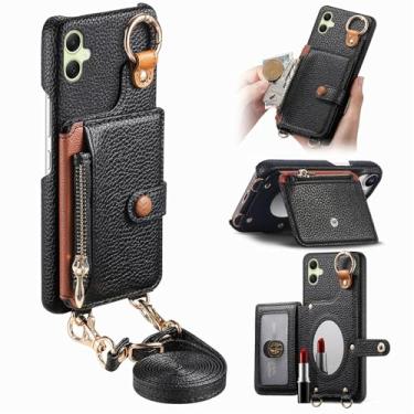 Imagem de Capa de telefone carteira transversal removível durável para Samsung Galaxy A05, bolsa com zíper, suporte de anel, espelho integrado, compartimento para cartão, suporte multiângulo em elegante capa de