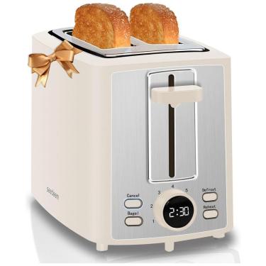 Imagem de Torradeira Elétrica 2 Fatias com 7 Níveis de Tostagem e Visor LCD, 110V 900W, SEEDEEM, Creme Branco