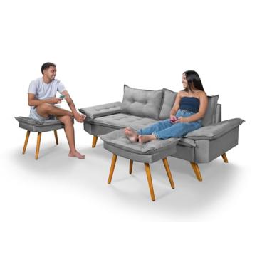 Imagem de Sofá Bariloche 3 Lugares com 2 Banquetas, Tecido Linho, 2 Metros Essencial Estofados (Cinza)