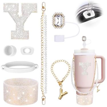 Imagem de Mity rain 8 peças de acessórios para copo branco Stanley Cup 850.5 g 1,134.0 g copo com alça - Inclui adesivo impermeável, alça de alça, topo de palha e bota, tampa à prova de derramamento, pingente