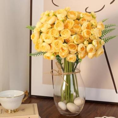 Imagem de SAHOOTTIE Ranunculus flores artificiais amarelas falsas peônias de seda mini ranúnculo flores amarelas primavera buquê para arranjos de centros de mesa