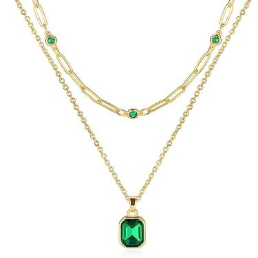 Imagem de Secroma Colares em camadas de ouro para mulheres, colar de cristal banhado a ouro 18 k, clipe de papel, gargantilha verde esmeralda, joia para mulheres presentes, One size, Cristal, Zircão