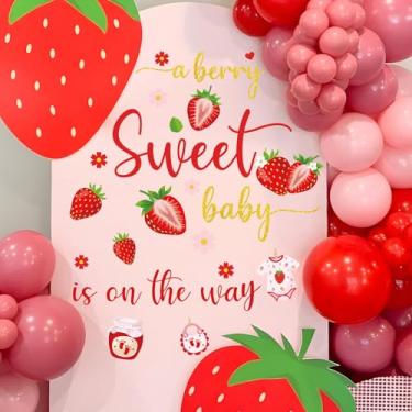 Imagem de Wxiben Decorações de chá de bebê de morango - Decalque de parede A Berry Sweet Baby is on the Way, adesivo de parede removível para decoração de arco de balão, decoração de festa de gravidez revelação