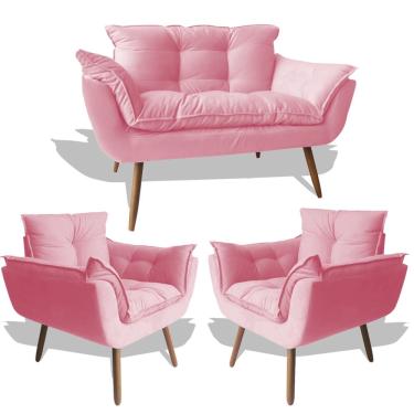 Imagem de Conjunto Sofá Namoradeira Opala Para Sala Estar Recepção + 2 Poltrona Cadeira Opala Decorativa rl Decor - Suede Rosê