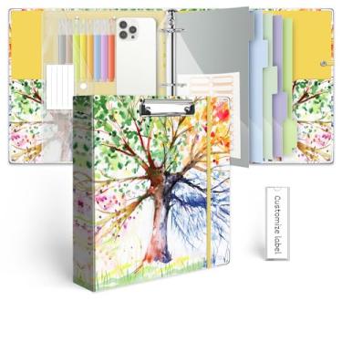 Imagem de Organizador de fichário de 3 anéis de 5 cm com prancheta, divisórias de bolsos de 5 abas, pasta de plástico, 18 divisórias stikers, fichário de três anéis KLLVE com alça para caneta (árvore verde