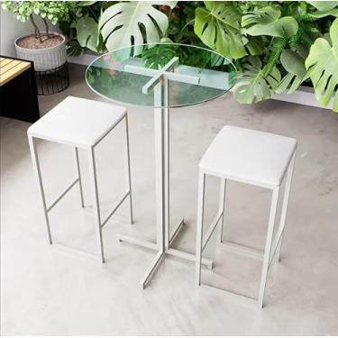 Imagem de Conjunto Mesa Alta Bar Bistrô Redonda Vidro 2 Bancos Estofado Industrial White (Aço, Branco)