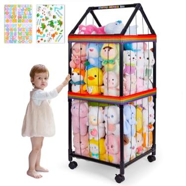 Imagem de FIOBEE Armazenamento de animais de pelúcia zoológico com rodas 360 graus organizador de brinquedos de pelúcia grande gaiola com adesivos DIY para berçário, sala de jogos, quarto de crianças, preto
