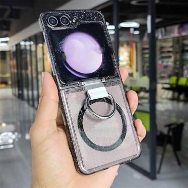 Imagem de Estilo Glitter Transparente Magnético Capa de Telefone para Samsung Z Flip 6 5 4 3 ZFlip6 Carregamento Sem Fio Anel Capa, Preto, Para Samsung Z Flip 4