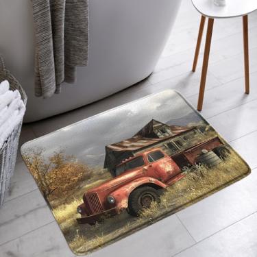 Imagem de YSATNSFT Tapete de banheiro rústico caminhão de fazenda vintage vermelho antigo carro fazenda celeiro de madeira oeste casa de banho banheira tapetes de chão tapete decoração de vaso sanitário, 45,7 x