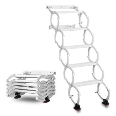 Imagem de Escada dobrável montada na parede de 5 degraus, escadas dobráveis retráteis, escadas de acampamento portátil, sistema de puxar escada no sótão, para trailer, armazém (branco, 5 degraus)