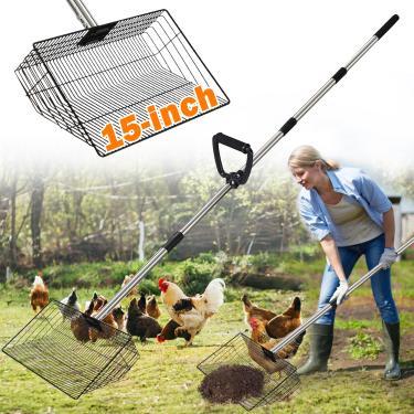 Imagem de Drunhan Colher de cocô de galinha extragrande – Limpador de areia de aço inoxidável de 38 cm de largura, alça ajustável 5 em 1 (94-197 cm), para galinheiros, celeiros de aves, ferramentas duráveis