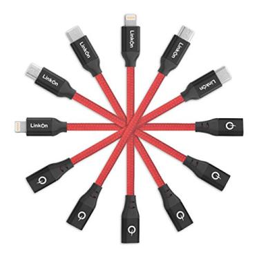 Imagem de Cabo de carregador multiUSB da LinkOn 2 m, cabo adaptador universal de 2 m, trançado de nylon 3 em 1, tipo C, microfone e plugue iPhone/iPad, vários conectores para todos os dispositivos Android, iPhone, iPad, 6 Feet, Adapters-Red