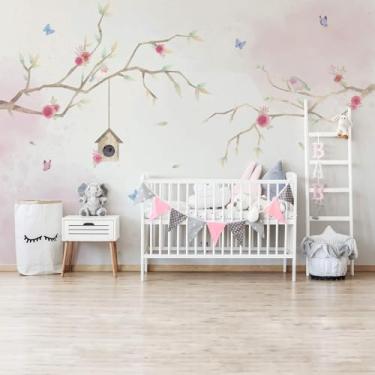 Imagem de Papel de Parede Quarto Menina Galhos e Pássaros Aquarela 9m²