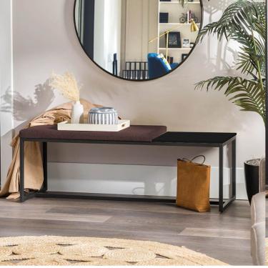 Imagem de Banco Recamier Puff 140cm Industrial Preto Corino Marrom Tampo Quadrado Mdf Preto