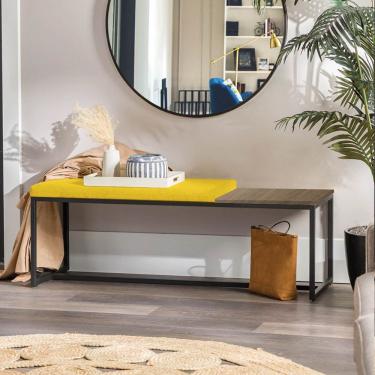 Imagem de Banco Recamier Puff 140cm Industrial Preto Corino Amarelo Tampo Quadrado Mdf Rústico