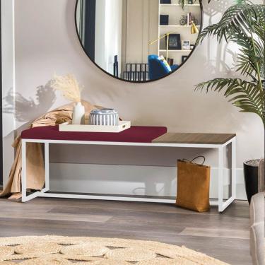 Imagem de Banco Recamier Puff 195cm Industrial Branco Suede Bordô Tampo Quadrado Mdf Rústico