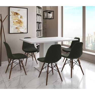 Imagem de Mesa Jantar Londres Retangular Branca 137X90 6 Cadeiras Estofadas Verde Madeira