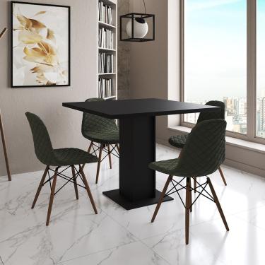 Imagem de Mesa Jantar Londres Quadrada Preta 90Cm 4 Cadeiras Eames Estofadas Verde Madeira
