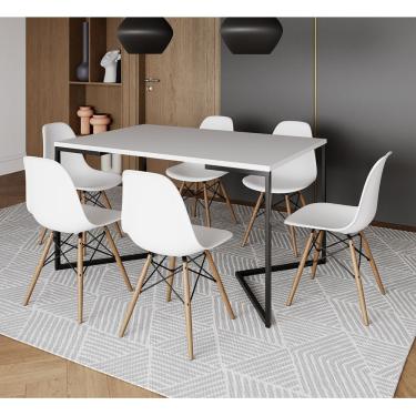 Imagem de Mesa Jantar Industrial Retangular Branca 137X90Cm Base V Ferro Preto C/6 Cadeiras Branca Mad Branco