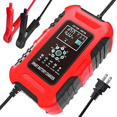 Imagem de FOXSUR Carregador De Bateria Carro 10 A E 7 Estágios Para Baterias Úmidas/De Gel/Sla/Lifepo4/Chumbo-Ácido/Agm, Carregador/Mantenedor Inteligente 12 V/24 V, Quadriciclos/Carrinhos Golfe/Motocicletas/