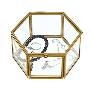 Imagem de Hipiwe Caixa de joias de vidro vintage – Caixa organizadora dourada hexagonal para exibição de joias, caixa decorativa para casa, caixa para armazenamento de anel de bugiganga, brinco no peito