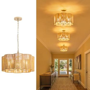 Imagem de Tbaoinla Luminária De Teto Vime Trançado Linear 2 Em 1 5 Luzes 19,6'' - Montagem Embutida/Pendente Conversível Para Ilha Cozinha E Sala Jantar, Regulável Com Corrente Ajustável + Haste